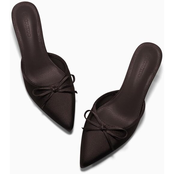 🆕 Women's Chocolate Satin Kitten Heels Mules Bow Pointed Toe Dress Party Pumps - Picture 4 of 6